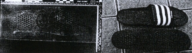 슬리퍼 족적과 범행에 신었던 슬리퍼(. 사진제공=부산지방경찰청)