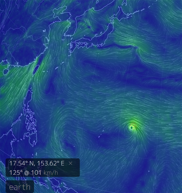 제21호 '태풍 제비' 위치, 위도 17.2-경도 153.2...101km/h세기로 진격