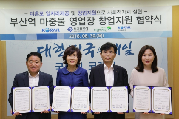 사진 왼쪽부터 최흥섭 코레일 부산경남본부장, 백정림 부산광역시 여성가족국장, 이수경 초록우산 어린이재단 부산본부장, 안상덕 코레일유통 부산경남본부장(사진=코레일 제공)