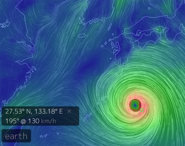 태풍 제비, 혼슈 앞바다 부근...위도 27.9, 경도 132.5 '파고 14미터'