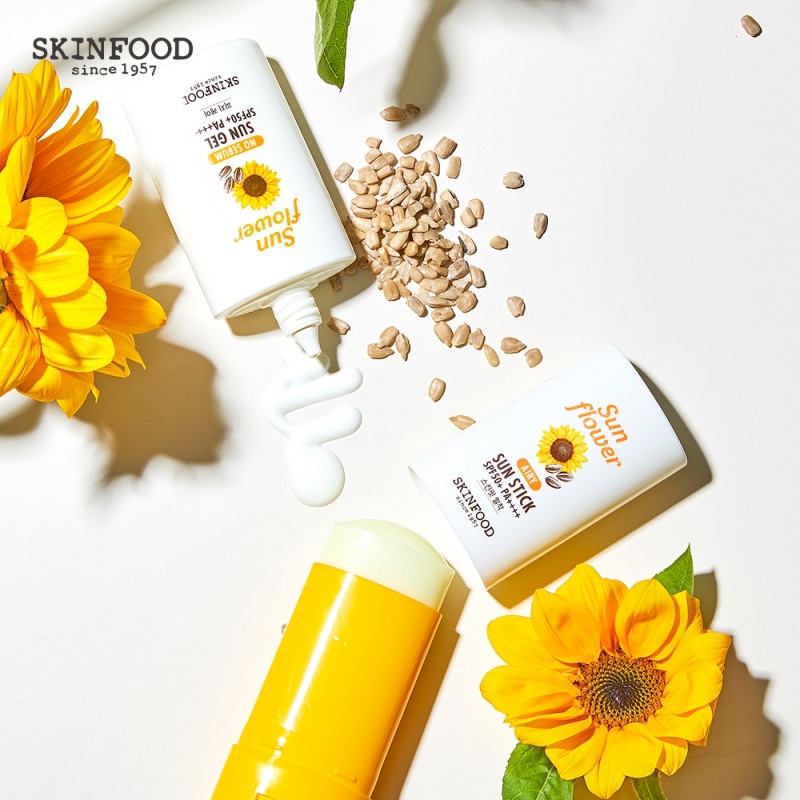 ▲ 스킨푸드 선플라워 노세범 선 젤 SPF50+ PA++++, 선플라워 에어리 선스틱 SPF50+ PA++++