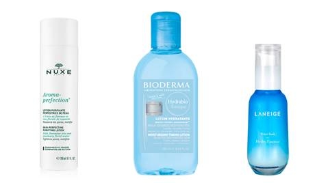 < ▲ 사진 : (좌로부터) 눅스 ‘아로마 퍼펙션 토너’, 바이오더마 ‘하이드라비오 토너’, 라네즈 ‘워터뱅크 하이드로 에센스’ >