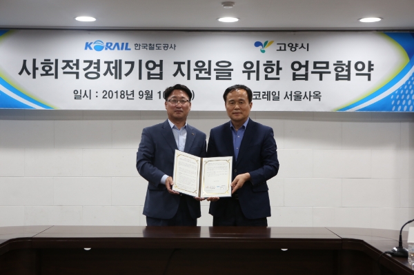 사진 왼쪽부터 전찬호 코레일 서울본부장과 이흥민 고양시 민생경제국장(사진=코레일 제공)