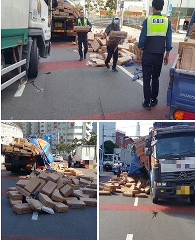 적재물추락현장.(사진제공=부산지방경찰청)