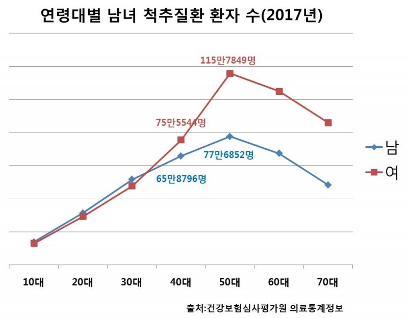 연령대별 남녀 척추질환 환자 수(2017년)