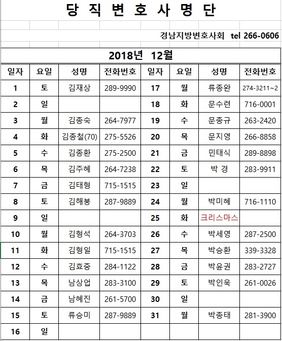12월 당직변호사명단.(제공=경남지방변호사회)