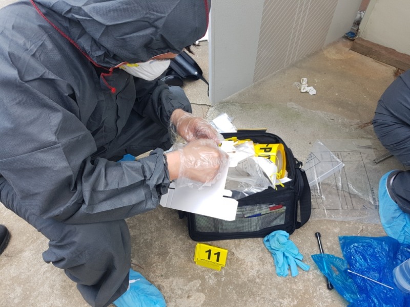 고래고기 시료를 채취하고 있다.(사진제공=부산해양경찰서)