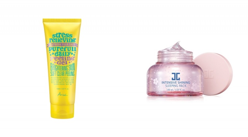 ▲ (왼쪽부터) 아리얼 ‘스트레스 릴리빙 퓨어풀 데일리 필링젤’, 제이준코스메틱 ‘인텐시브 샤이닝 슬리핑 팩’