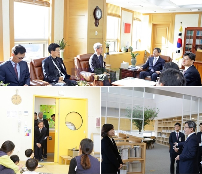 김명수 대법원장이 최인석 법원장 등과 환담을 나누고 청사를 둘러보고 있다.