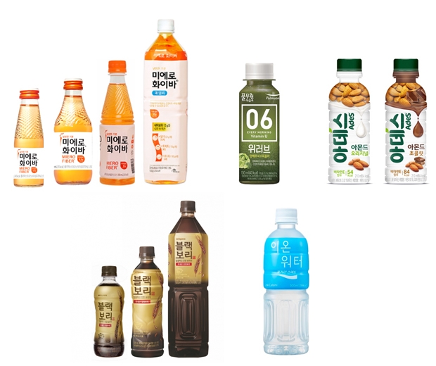 ▲ 왼쪽 위부터 차례로 현대약품 ‘미에로화이바’, 풀무원녹즙 ‘위러브 양배추&브로콜리’, 코카콜라 ‘아데스아몬드’, 하이트진로 ‘블랙보리’, 동아오츠카 ‘포카리스웨트 이온워터’식음료업계가 핵심 소비층으로 떠오르고 있는 Z세대를 사로잡기 위한 전략으로 건강음료를 전면에 내세우고 있다.(사진= 각 사 제공)