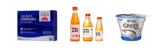 왼쪽부터 고려은단 ‘듀얼 플로라 프로바이오틱스’, 현대약품 ‘미에로화이바’, 일동후디스 ‘후디스 그릭요거트’ (사진= 각 사 제공)
