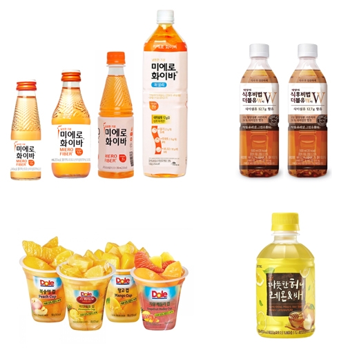 ▲왼쪽 위부터 차례로 현대약품 ‘미에로화이바’, 코카-콜라 ‘태양의 식후비법 더블유W차’, DOLE(돌) ‘후룻컵’, 롯데칠성음 ‘따뜻한 허니레몬&배’ (사진=각 사 제공)