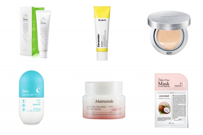 ▲ (왼쪽 위부터 시계방향으로) 셀트윗 ‘이엑스 시그널 컨트롤 크림’, 닥터자르트 ‘세라마이딘 크림’, 리얼베리어 ‘익스트림 베리어 쿠션’, 아리얼의 ‘세븐데이즈 플러스 마스크 코코넛’, 마몽드 ‘모이스처 세라마이드 인텐스 크림’, grn ‘아쿠아 촉촉 세라마이드’