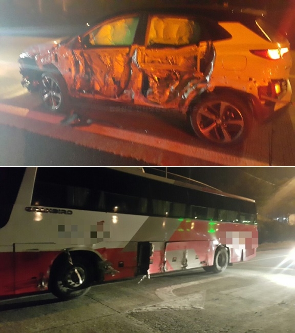 음주만취상태로 역주행하면서 고속버스 좌측을 충격.(사진제공=부산지방경찰청)