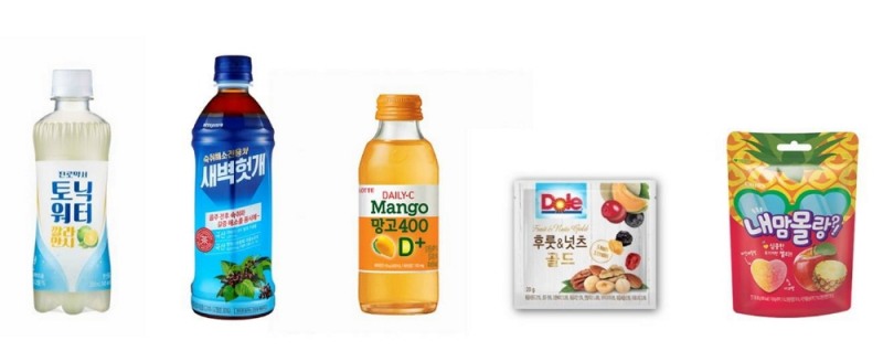 ▲ 이미지(왼쪽부터): 하이트진로음료 ‘진로믹서 토닉워터 깔라만시’, ‘새벽헛개’, 롯데칠성음료 ‘데일리C 망고400D+’, 돌 코리아 ‘후룻&넛츠 골드’, 크라운제과 ‘내맘몰랑’