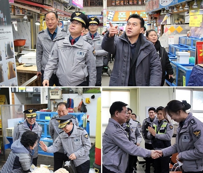 김창룡 경남경찰청장이 반송파출소와 반송전통시장을 방문해 격려와 상인들의 애로사항을 청취하고 있다.(사진제공=경남지방경찰청)