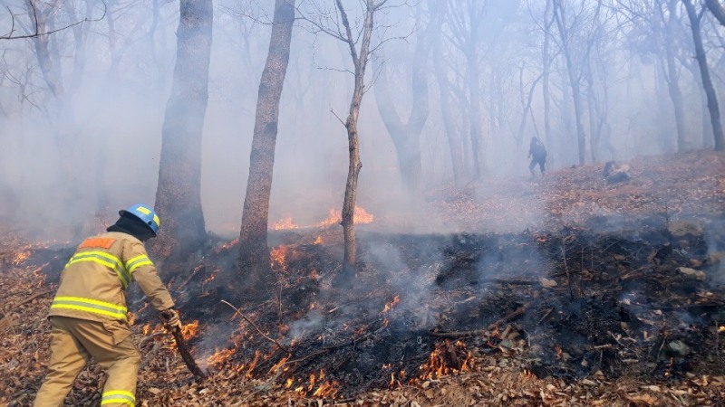 부산 기장군 철마면 소산마을 뒷산 7부 능선에서 불이 났다. 부산소방재난본부는 대응1단계를 발령하고, 소방과 산림청 헬기 8대를 비롯해 산불 진화차 등 장비 50여 대와 소방관 130여 명을 투입해 진화작업을 펼치고 있다. (사진=부산소방본부 제공)
