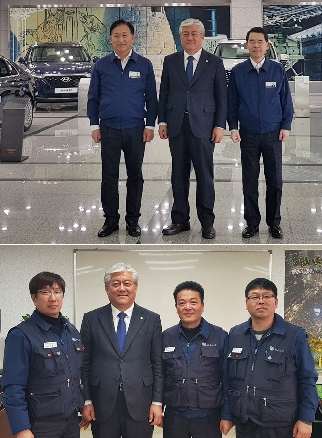 이상헌 국회의원이 현대자동차 하언태 부사장과 하부영 노조위원장 등을 만나 수소자동차산업 발전방향에 대해 논의하고 기념촬영.(사진제공=이상헌의원실)