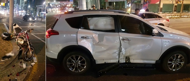 신호위반 승용차량이 오토바이와 충돌하는 사고가 발생.(사진=부산지방경찰청)