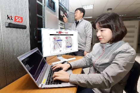 KT 직원들이 5G 백본망에 메시(Mesh) 구조를 적용하고 테스트하고 있는 모습. 사진=KT