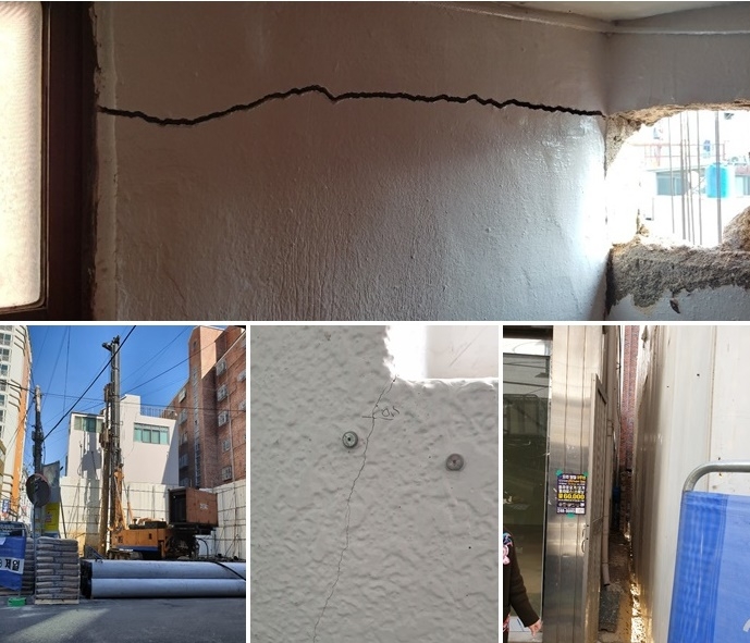 신축공사장과 맞붙어 있는 피해건물 벽면과 옥상은 구멍이 나있다.