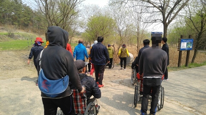 사회봉사대상자들이 휠체어를 밀면서 우포늪 생태탐방로를 함께 가고 있다. (사진제공=부산준법지원센터)