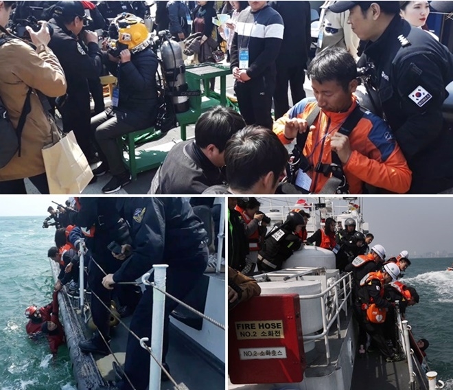 4월 5일 부산해경 전용부두에서 행정안전부 주관 해양경찰분야 조직진단 국민참여단이 표면공기공급방식의 잠수장비를 직접 착용하고 있다./인명구조훈련을 하며 직접 익수자를 구조하고 있다.(사진제공=부산해양경찰서)