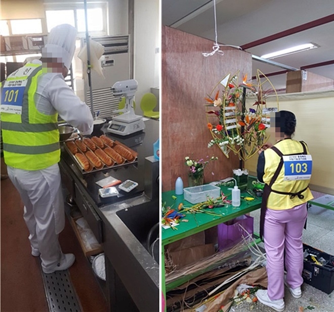 4월 3일부터 8일까지 전국 17개 시도에서 열린 2019년 지방기능경기대회의 경북지역 제빵(左) 부문 및 충북지역 화훼장식(右) 부문 경기에 수형자가 참여하고 있다.(사진제공=법무부)