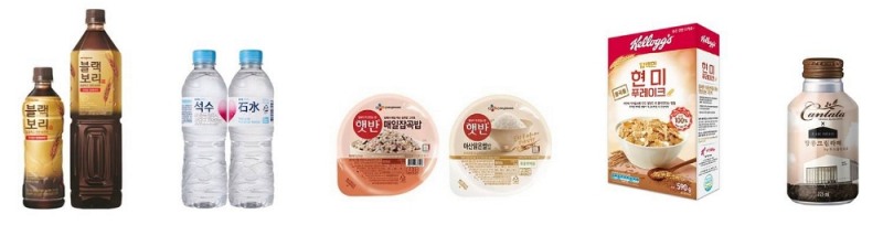 왼쪽부터 하이트진로음료 ‘블랙보리’, ‘석수’, CJ제일제당 ‘햇반 매일잡곡밥’, ‘햇반 이천쌀밥’, 농심켈로그 ‘현미 푸레이크’, 롯데칠성음료 ‘칸타타 땅콩크림라떼’. (사진=하이트진로음료)