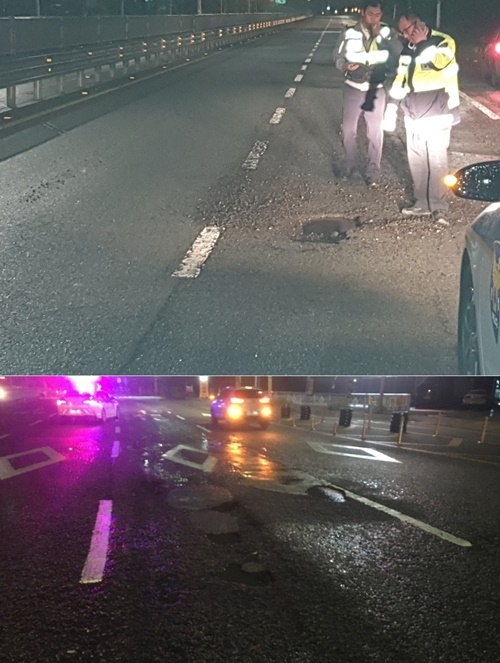 (위)기장군, (아래)강서구 포트홀 발생.(사진제공=부산경찰청)