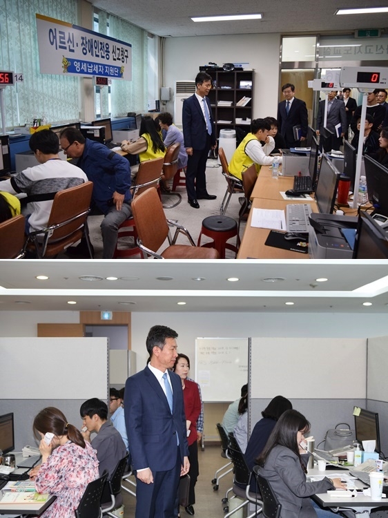 김대지 부산국세청장이 금정세무서와 콜센터를 찾아 직원들을 격려하고 있다.(사진제공=부산국세청)