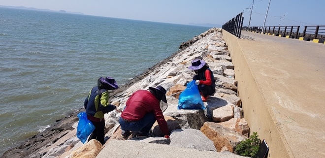 환경정화활동을 하고 있는 사회봉사대상자.(사진제공=서산준법지원센터)