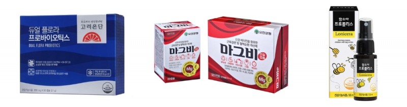 왼쪽부터 차례로, 고려은단 ‘듀얼 플로라 프로바이오틱스’, 유한양행 ‘마그비’, 함소아제약 ‘함소아 프로폴리스’. (사진=각 사 제공)