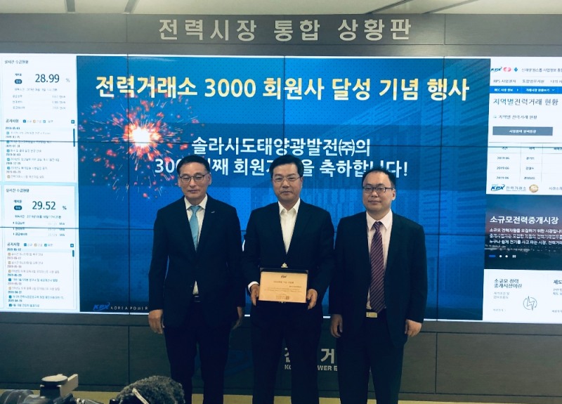 전력거래소(이사장 조영탁)는 지난 19일 수요일에 전력시장 마켓뷰 상황실(8층)에서 전력시장 3,000회원 가입 축하 행사를 열었다. 2001년 4월 기관 설립 후 2015년 4월에 1,000 회원 시대를 열었고, ‘2018년 4월 2,000 회원사에 이어 1년 2개월 만에 3000 회원사 시대를 열었다.(사진= 전력거래소)