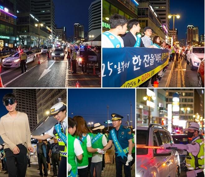 이용표 부산경찰청장은 해운대구 구남로 문화광장 일대에서 치러지는 음주운전 예방 캠페인에 참석해 故윤창호 친구 및 시민·유관단체와 함께 홍보활동에 동참하고 있다.(사진제공=부산경찰청)