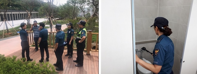 공원 내 공중화장실에 설치된 비상벨 및 불법카메라를 점검하고 있다.(사진제공=창원서부경찰서)