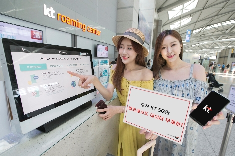 KT 모델들이 5G 요금제 전 라인업에 대한 데이터로밍 업그레이드 프로모션을 홍보하고 있다. 사진=KT
