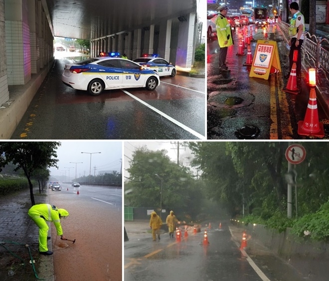 지하차도 침수구간통제/포트홀 통제/기장 삼성리 토사유출 통제/하수구범람 조치 등 교통경찰의 활약이 돋보인다.(사진제공=부산경찰청)