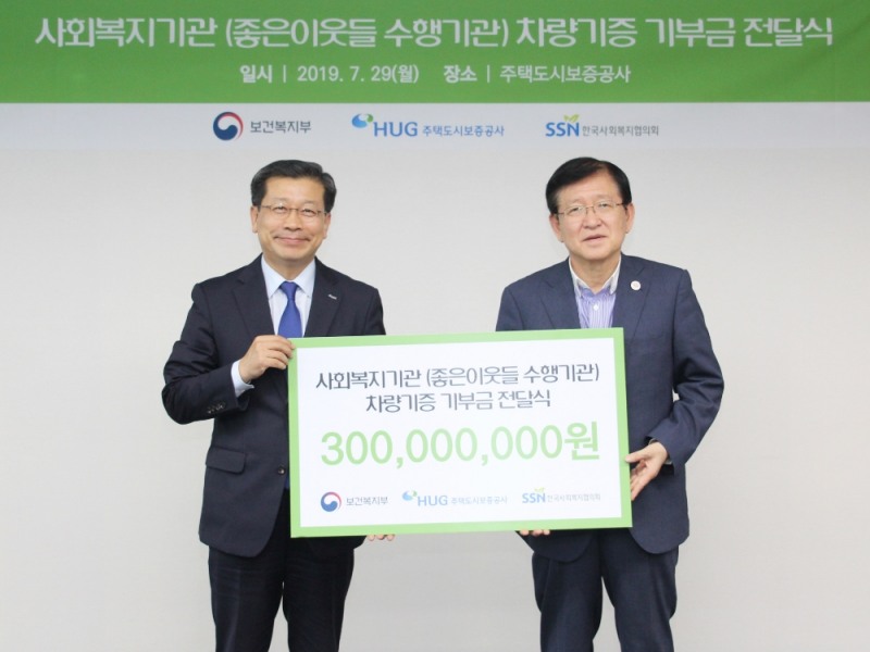 이재광 HUG 사장(왼쪽)과 서상목 한국사회복지협의회장(오른쪽)이 ‘사회복지기관 차량 기증사업’ 기부금 전달식을 갖고 기념 촬영을 하고 있다.(사진=HUG)