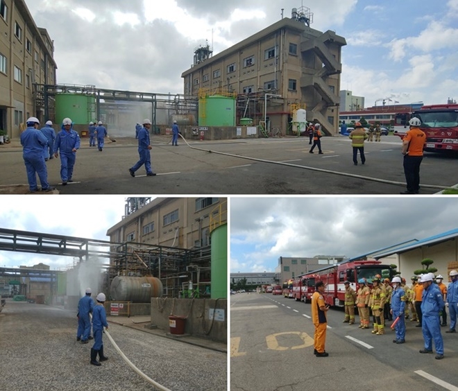 울주군 온산읍 ㈜제이엠씨에서 가상화재 불시출동훈련을 하고 있다.(사진제공=온산소방서)