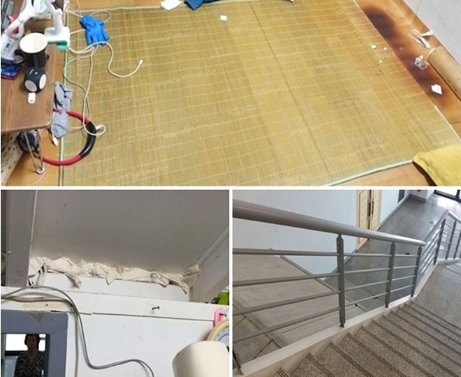 미화 노동자 3인이 사용하도록 제공한 비좁은 휴게실/계단 밑과 강의실 사이 가건물 형태의 휴게실/겨울 냉기를 막기위해 천장 틈새를 막은 모습. (사진제공=서울일반노조)