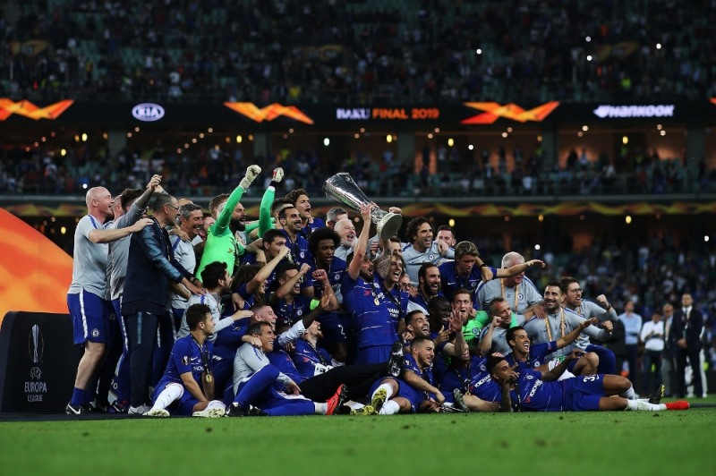 2018-19 시즌 UEFA 유로파리그 결승전에서 아스널을 4-1로 격파한 첼시 선수들이 우승 세레모니를 하고 있는 모습.(사진=기아자동차)