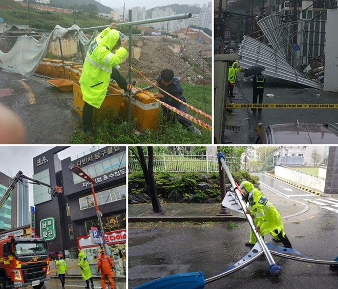 태풍 타파 피해현장에서 안전 및 사고예방에 최선을 다하고 있는 부산경찰.(사진제공=부산경찰청)