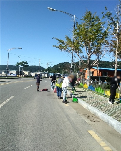 사회봉사대상자들이 대로변 낙엽을 깨끗하게 쓸고 있다.(사진제공=포항준법지원센터)