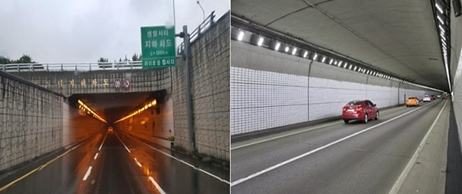 센텀시티 지하차도 조명 상태(현재)/LED 조명등 교체 후(예시).(사진제공=부산시)