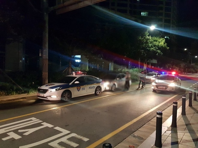 순찰차를 추돌한 음주운전자를 검거하고 있다.(사진제공=부산경찰청)