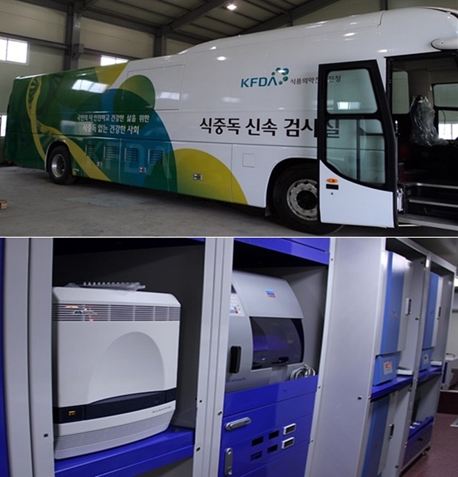 식약청 모티브에 깨끗하고 건강한 세상을 만든다는 콘셉트로 밝게 웃는 아이, 실험실 느낌의 실사(DNA 분석) 이미지를 삽입해 밝고 따뜻한 느낌을 표현하고 있다. 차량 안에는 실시간유전자분석기, 유전자추출기, 미생물배양기 등이 갖춰져 있다.(사진제공=부산식약청)