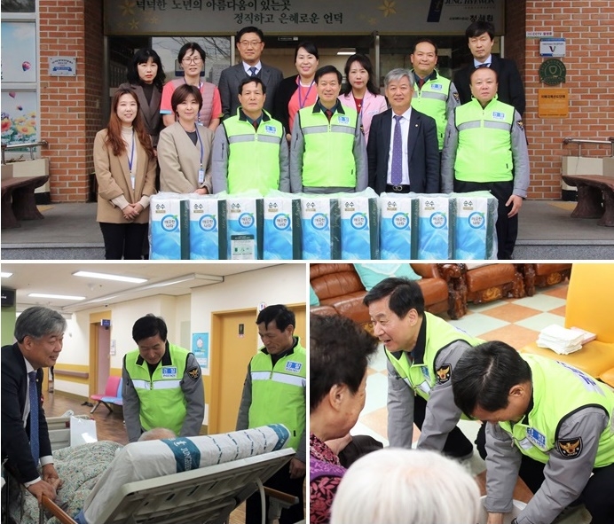 진해 정해원을 방문해 어르신들을 살펴보며 재능기부 봉사활동을 하고 있다.(사진제공=경남경찰청)