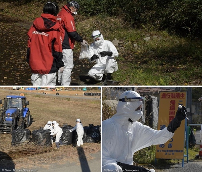 그린피스 방사선 방호 전문가팀은 지난해 10월과 11월 약 3주에 걸쳐 후쿠시마 현지를 방문해 조사를 벌였다. 조사팀이 쓰시마 나미에 귀환곤란구역에서 조사를 진행하고 있다./조사팀원이 쓰시마 나미에 귀환곤란구역에서 조사를 진행하고 있다./ 그린피스는 현장 조사에서 방사성 오염 물질이 이동해 재오염이 진행된 증거를 발견했다. 오쿠마 지역에서 제염 노동자들이 작업을 진행하고 있다. ((사진제공=그린피스)
