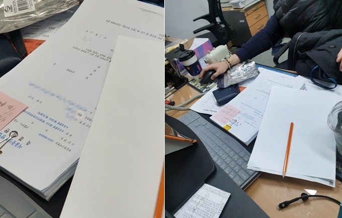 경찰관의 책상에 놓여져 있는 출석심판 서류에는 다른사람의 주민번호(70년생)가 기재돼 있다. 제보자는 50대 중반이다.(사진=제보자)